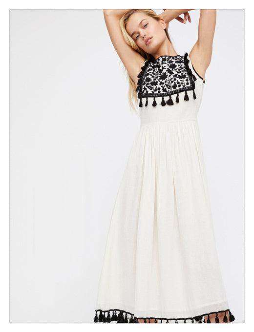 Bohemian Embroidered Floral Fringe Sleeveless Vest Dress - Magellan Fashion Shop