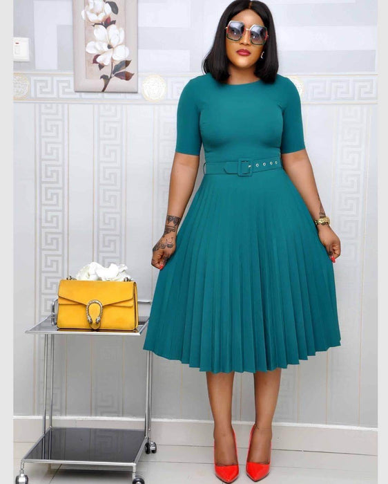 Round Neck Plus Size Mother's Dress Female Pleated Dress - Magellan Fashion Shop