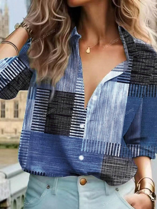 Color Block Button Print Long Sleeve Casual - Magellan Fashion Shop
