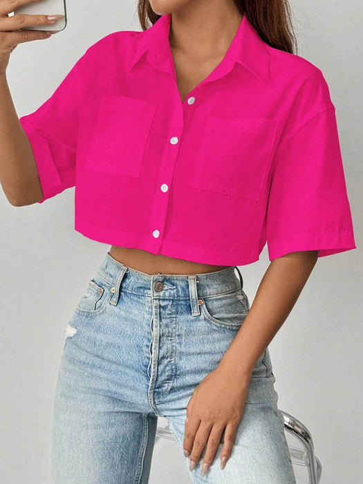 Shoulder Pocket Patched Crop Shirt Short Sleeve Tops - Magellan Fashion Shop