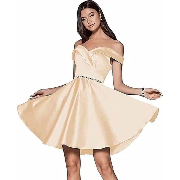 Short Beaded Satin A- Line Evening Gown Ball Gown - Magellan Fashion Shop