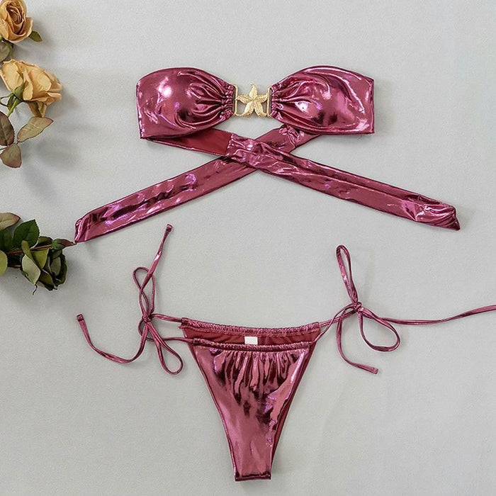 Glossy Split Bikini Set for Women – Quick-Dry, Backless & High Elasticity Swimwear - Magellan Fashion Shop