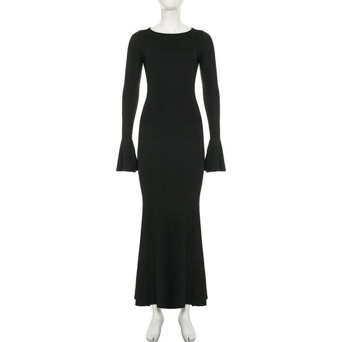 Solid Color Long Fashionable Elegant Backless Slim Fit Long Sleeve Dress - Magellan Fashion Shop