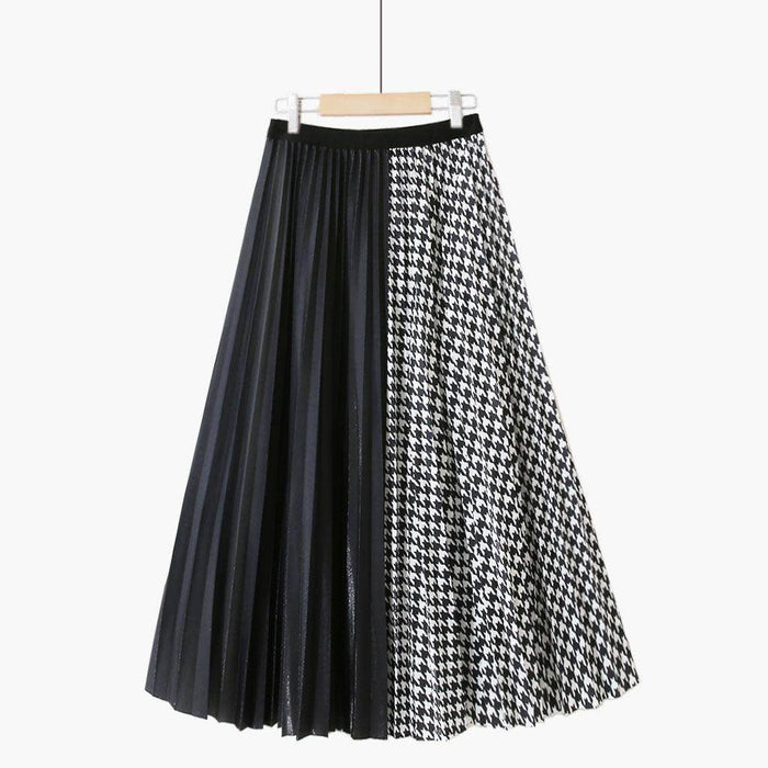 Simple Houndstooth Solid Color Stitching Contrast Color Pleated Skirt - Magellan Fashion Shop