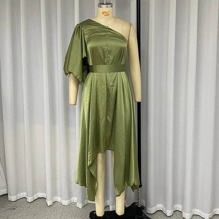 Slant Shoulder Thin Waist Solid Color Irregular Hem Dress - Magellan Fashion Shop