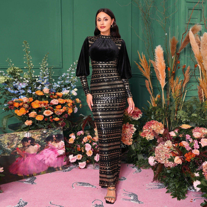 Long Sleeve Round Neck Sequins Slit Evening Dress - Magellan Fashion Shop