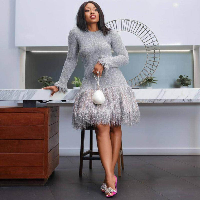 Women's Fashion Solid Color Long Sleeve Tassels Slim-fit Short Dress - Magellan Fashion Shop
