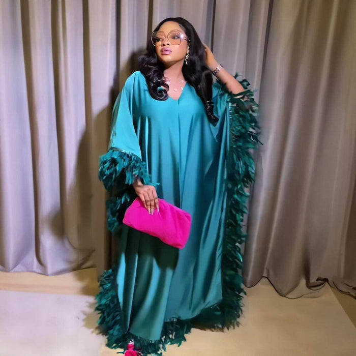 African Women's Loose Dress Luxury Fully Surrounded Light Feather Batwing Sleeve High Slit Robe - Magellan Fashion Shop