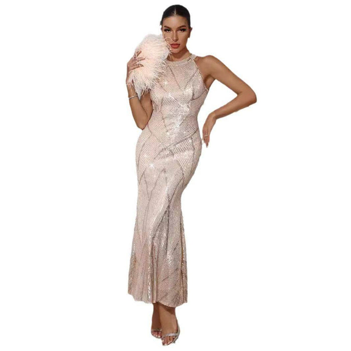 Women's Wear Sequins Dress Round Neck Off-shoulder Backless - Magellan Fashion Shop