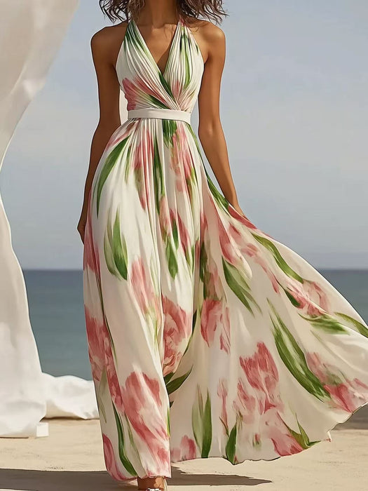 Summer New V-neck Fashion Printed Sling Long Dress - Magellan Fashion Shop