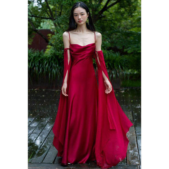 Luxury Senior Sense Acetate Satin Wine Red Bride Wedding Photo Gown Woman - Magellan Fashion Shop