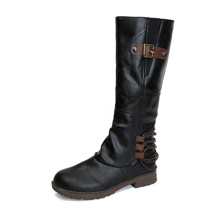 Fashion Casual Round Toe Square Heel Women's High-top Fashion Leather Boots - Magellan Fashion Shop