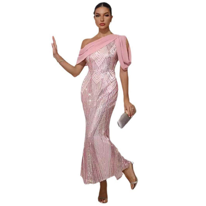 Dress One-shoulder Chiffon Stitching Sequined Dress - Magellan Fashion Shop