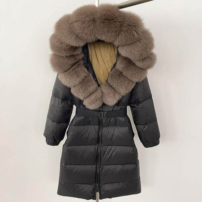 Women's Long Cinched Hoodie Real Fox Collar Fur Down Jacket Coat - Magellan Fashion Shop