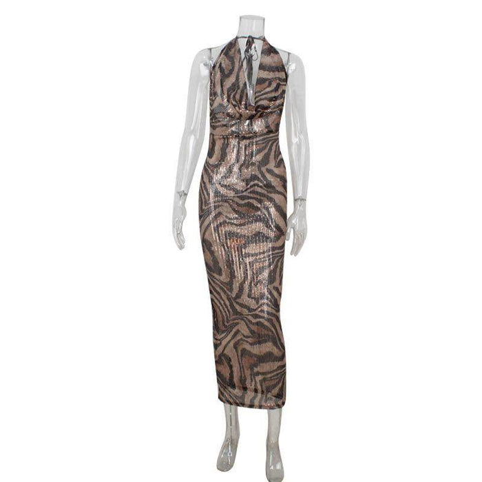 Sleeveless Halter Deep V Leopard Print Dress - Magellan Fashion Shop