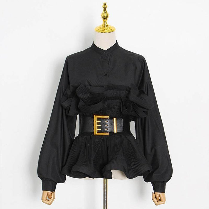 Stand Collar Long Sleeve Pleated Ruffled Sneaky Design Lace-up Top - Magellan Fashion Shop