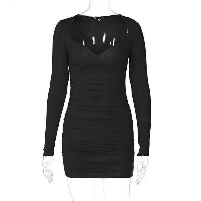 Women's Deep V Tube Top Long Sleeve Slim-fit Pleated Dress - Magellan Fashion Shop