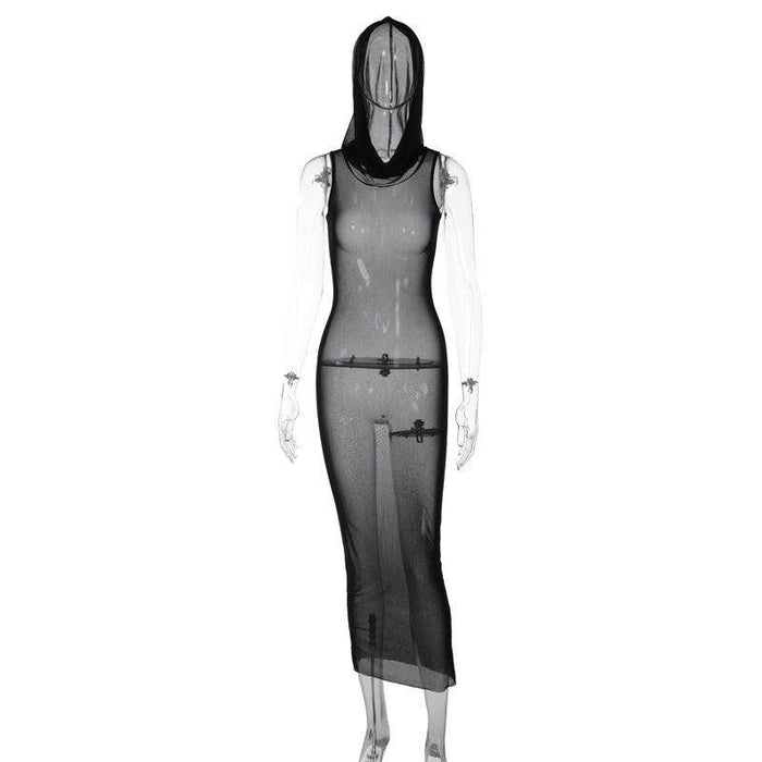 Hooded Mesh See-through Dress - Magellan Fashion Shop