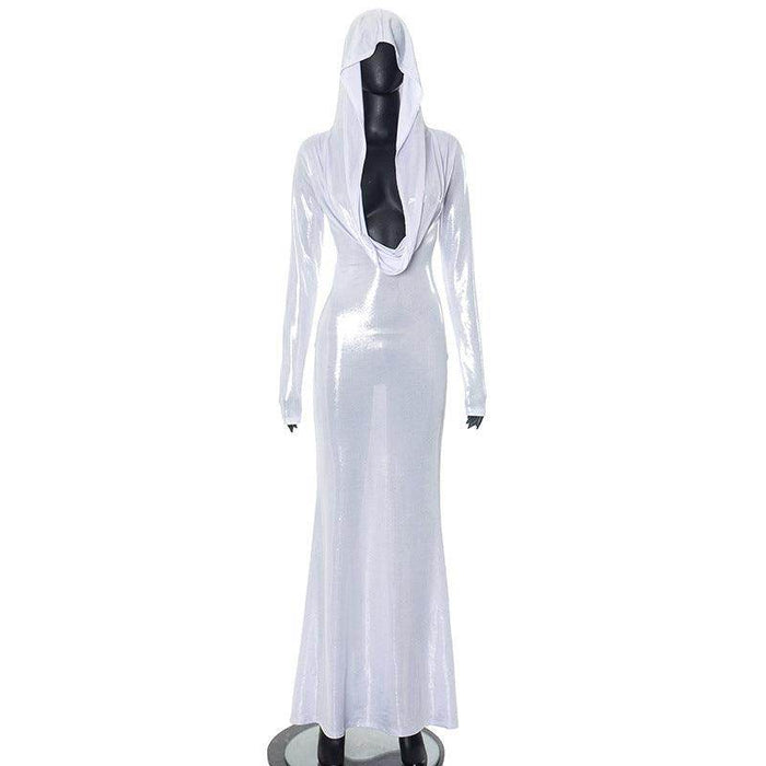 Cross Border Trendy Unique White Hooded Swing Collar High Waist Slim Fit Long Dress - Magellan Fashion Shop