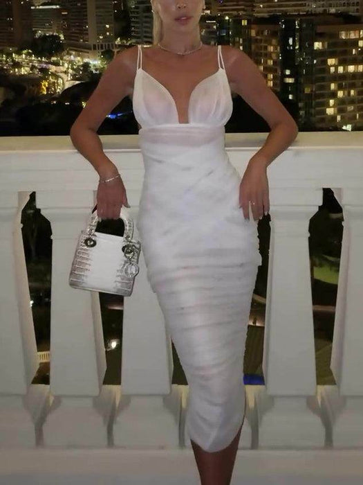 White Mesh Sling Hip Bodycon Dress - Magellan Fashion Shop