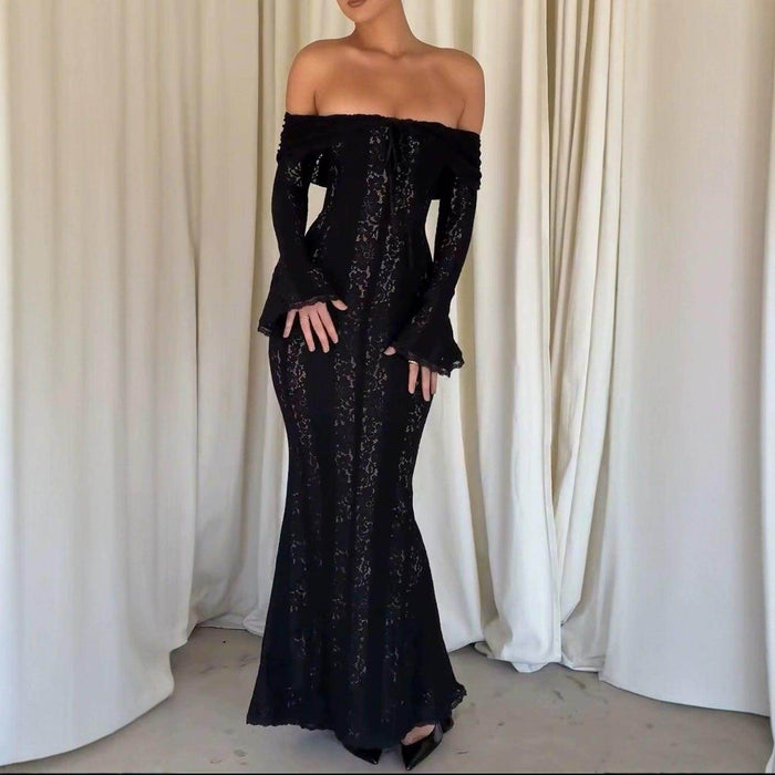 Off-shoulder Collar Dress Off-the-shoulder Flared Sleeves - Magellan Fashion Shop