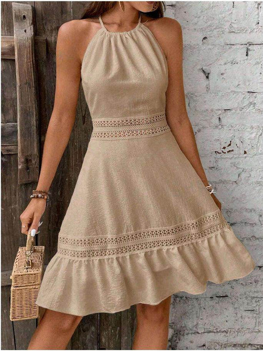 Solid Color Hollow Lace Stitched Backless Halter Lace-up Mini Skirt - Magellan Fashion Shop