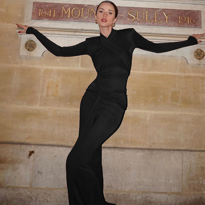 Cinched Waist Slim-fit Long Sleeve Padded Shoulder Long Elegant Dress
