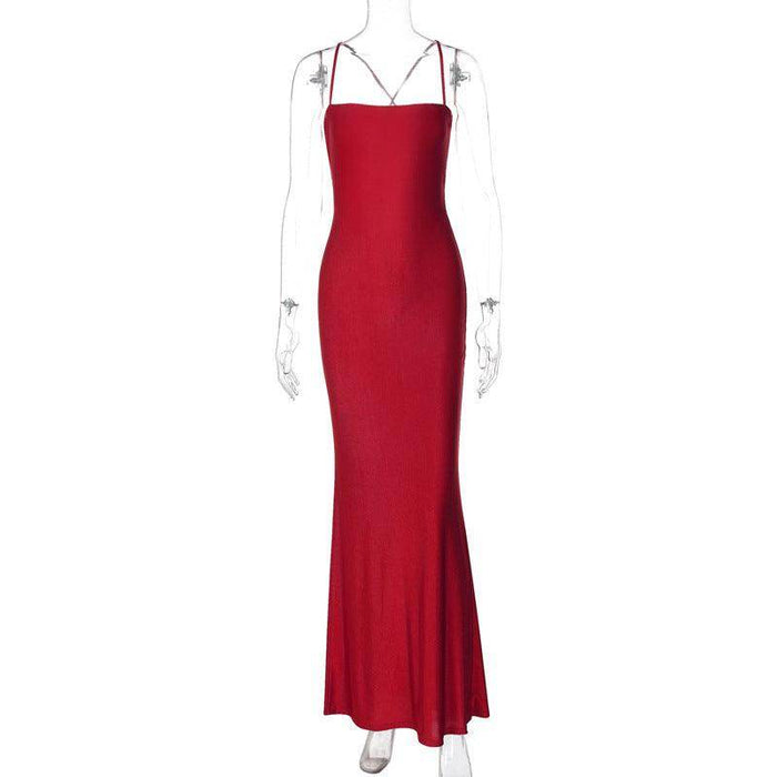Pure Color Tube-top Backless Stitching Hollow Out Tied Slim Fit Dress - Magellan Fashion Shop
