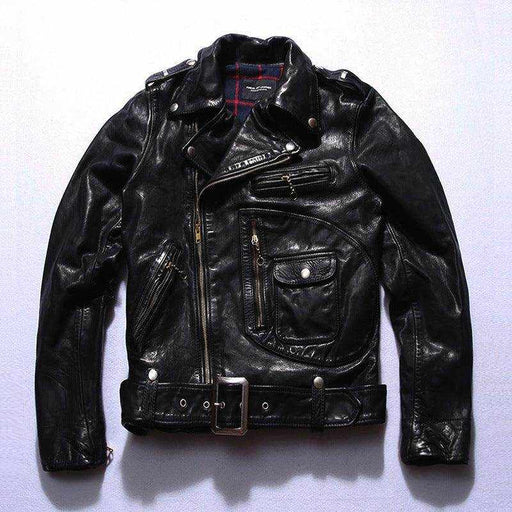 Black men's horse leather motorcycle riding jacket in Japanese style