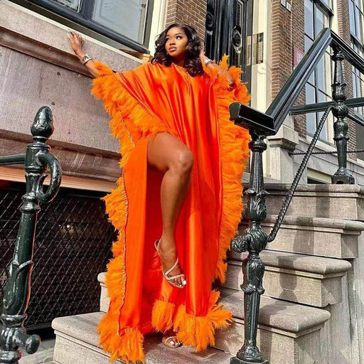 African Women's Loose Dress Luxury Fully Surrounded Light Feather Batwing Sleeve High Slit Robe - Magellan Fashion Shop