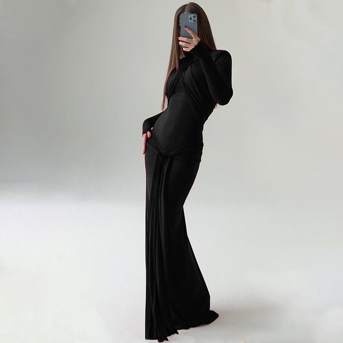 Cinched Waist Slim-fit Long Sleeve Padded Shoulder Long Elegant Dress
