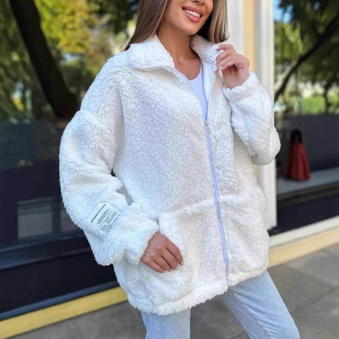 Winter Zipper Jacket Fashion Lapel Plush Cardigan Coat With Pockets Women's Clothing - Magellan Fashion Shop