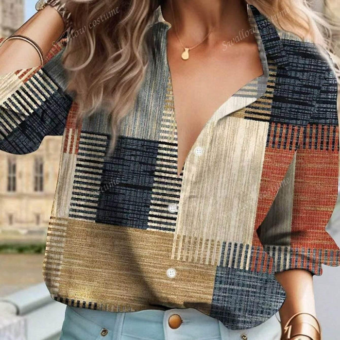 Color Block Button Print Long Sleeve Casual - Magellan Fashion Shop