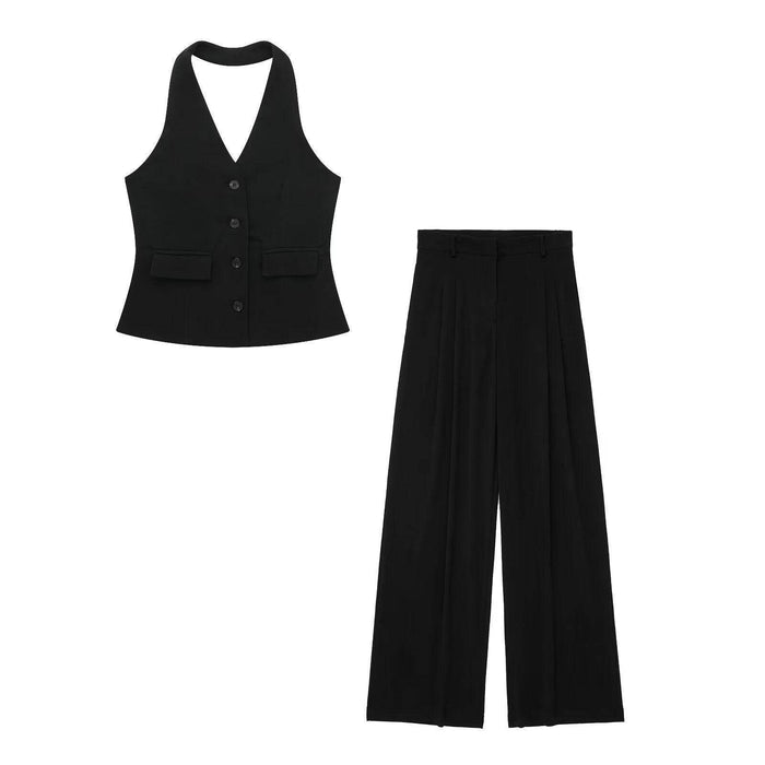 Pleated Wide Leg Pants Backless Hanging Collar Vest - Magellan Fashion Shop