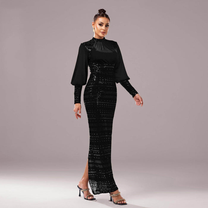 Long Sleeve Round Neck Sequins Slit Evening Dress - Magellan Fashion Shop