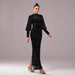 Long Sleeve Round Neck Sequins Slit Evening Dress - Magellan Fashion Shop