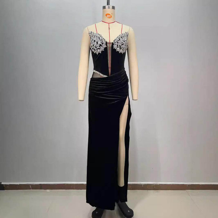Women's Black Bandeau Slim-fit Hot Drilling Long Dress - Magellan Fashion Shop