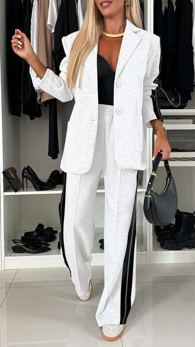 Women's Casual Suit Lapel Single-breasted Jacket And Striped Straight Pants
