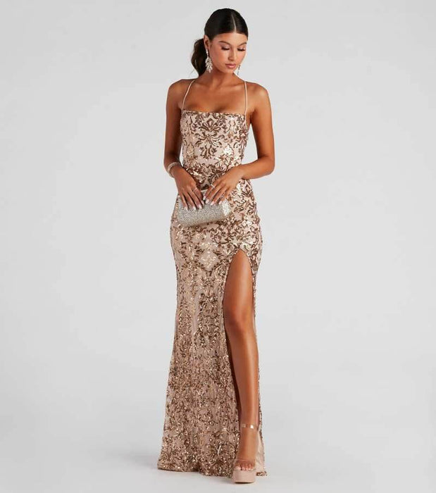 Off-neck Sequined Floor-length Evening Elegant Slit Banquet Party Dress - Magellan Fashion Shop