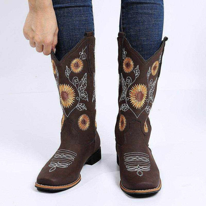 Cowboy Boots Women Sunflower Embroidery Shoes Low Heel Western Boot - Magellan Fashion Shop