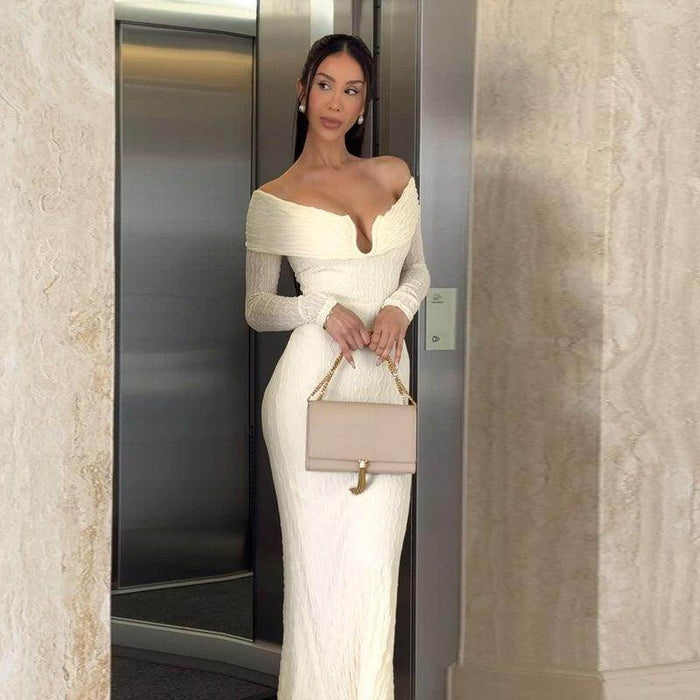 Special-shaped Metal Buckle Off-shoulder Long Sleeve Dress - Magellan Fashion Shop