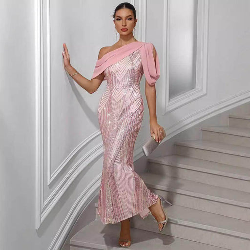 Dress One-shoulder Chiffon Stitching Sequined Dress - Magellan Fashion Shop