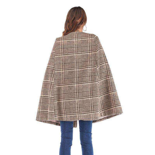 Women's plaid cape coat with leather buttons and polyester fabric