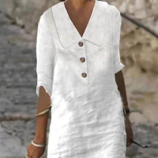 Solid Color Women's Cotton And Linen Buttons Casual V-neck Dress - Magellan Fashion Shop