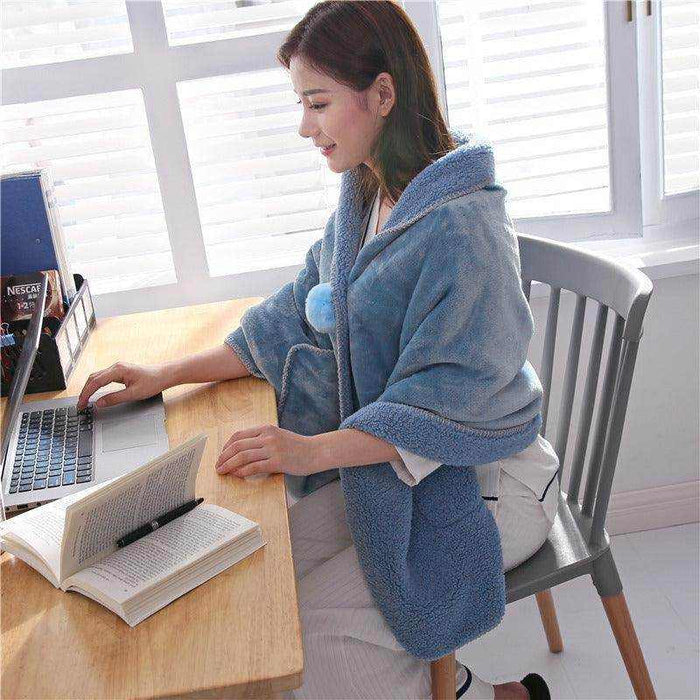 Multifunctional winter office warm flannel cape blanket with soft, elastic, double-sided fluffy fabric