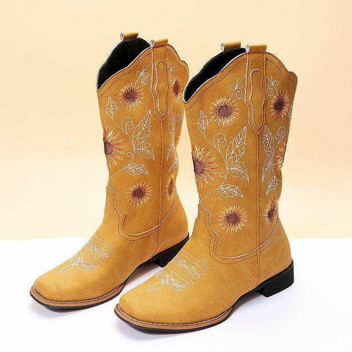 Cowboy Boots Women Sunflower Embroidery Shoes Low Heel Western Boot - Magellan Fashion Shop
