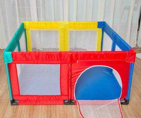 Baby crawling mat with soft cushioned surface and protective toddler fence for safe playtime
