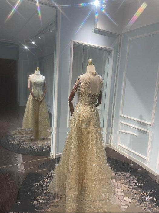 Golden Neck Hanging Light Luxury Evening Dress - Magellan Fashion Shop