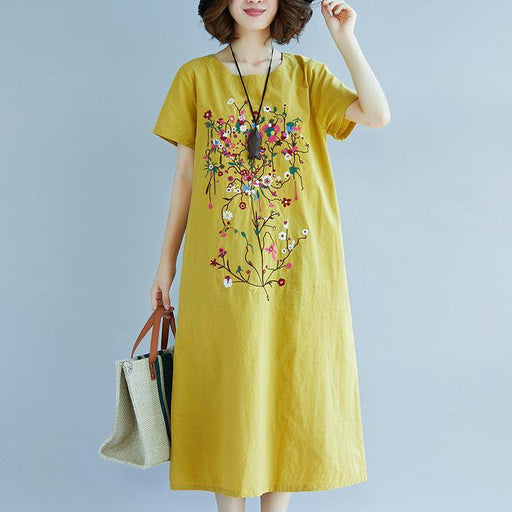 Ethnic Style Embroidered Cotton Linen Medium Length Dress - Magellan Fashion Shop