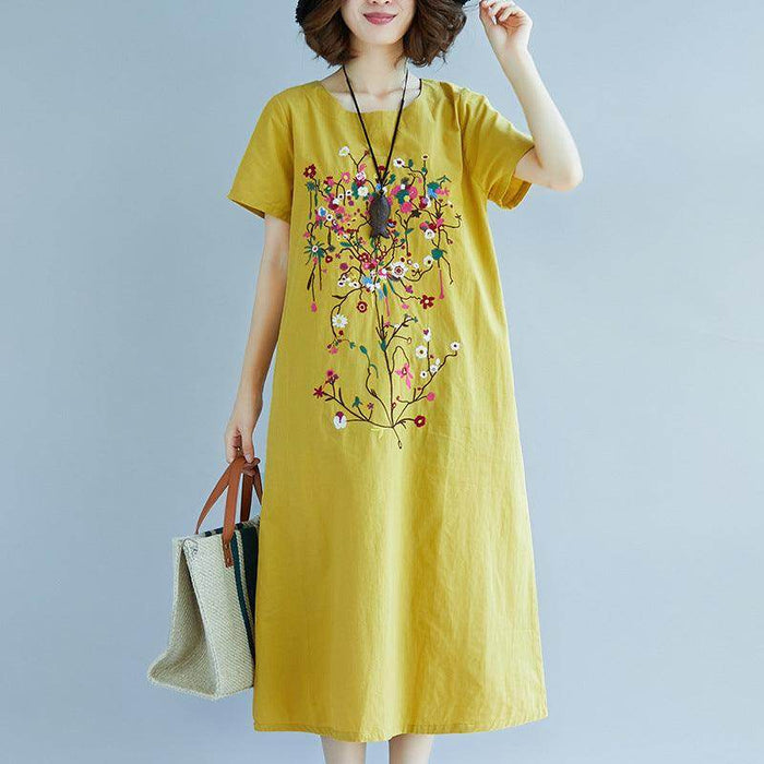 Ethnic Style Embroidered Cotton Linen Medium Length Dress - Magellan Fashion Shop